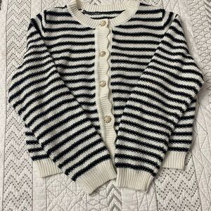 Striped Black and White Women's Sweater With Pearl Buttons
